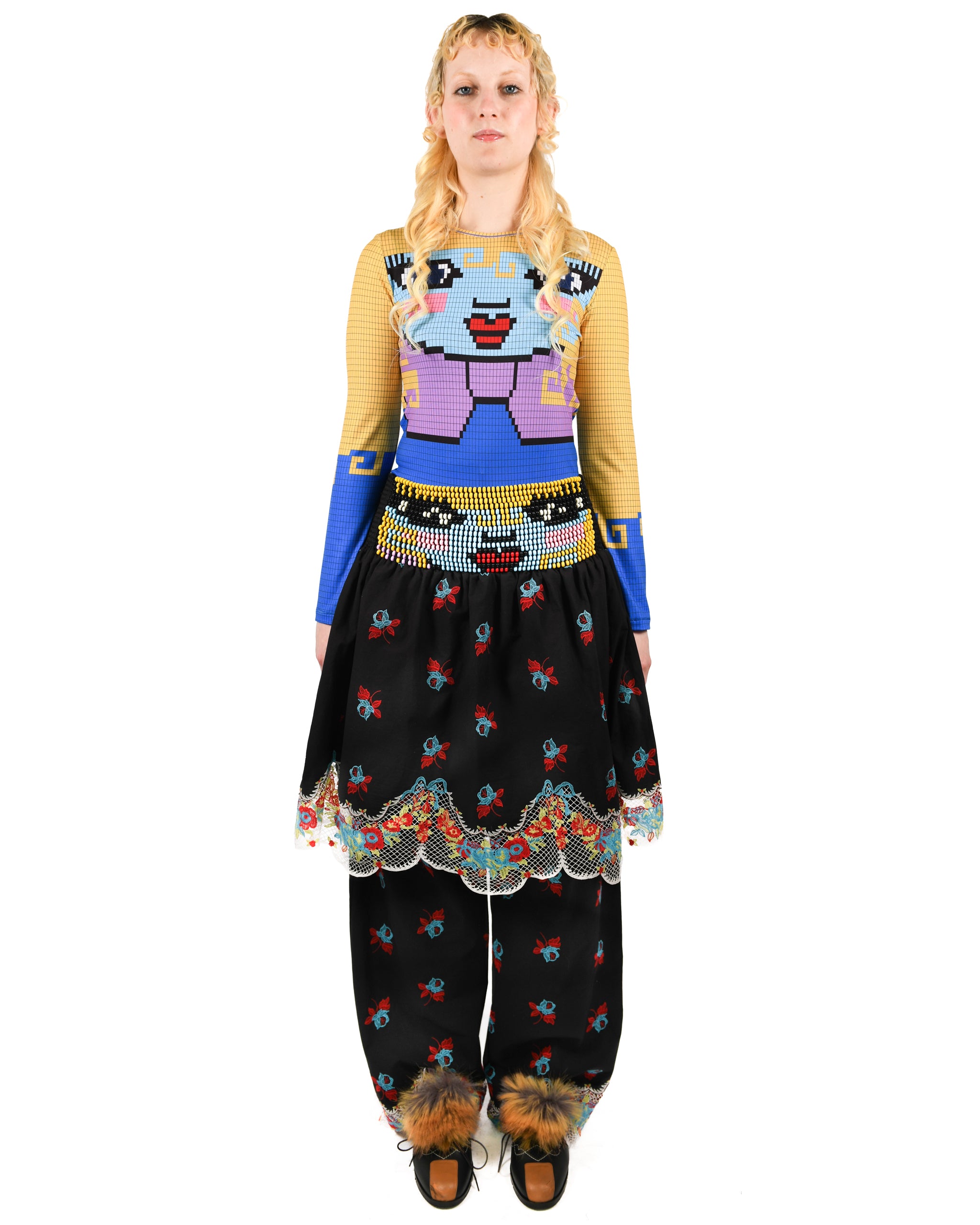 Loppy Beaded Smocked Black Knee Skirt