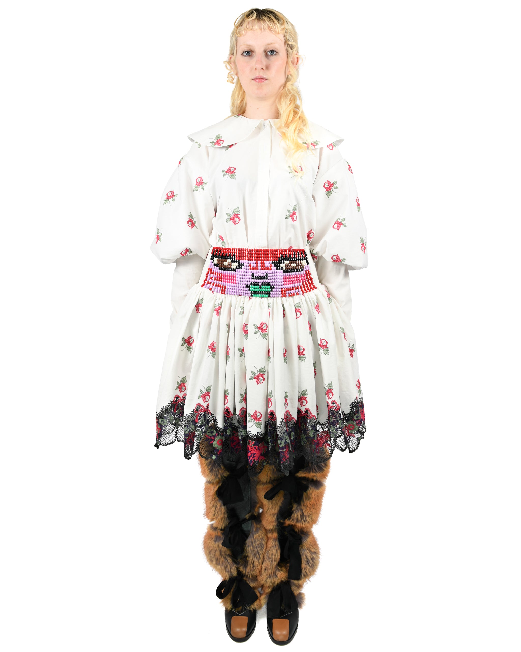 Loppy Beaded Smocked White Knee Skirt
