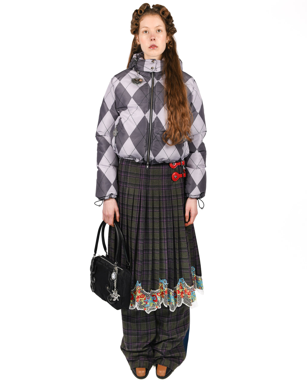 Purple Argyle Puffer Jacket